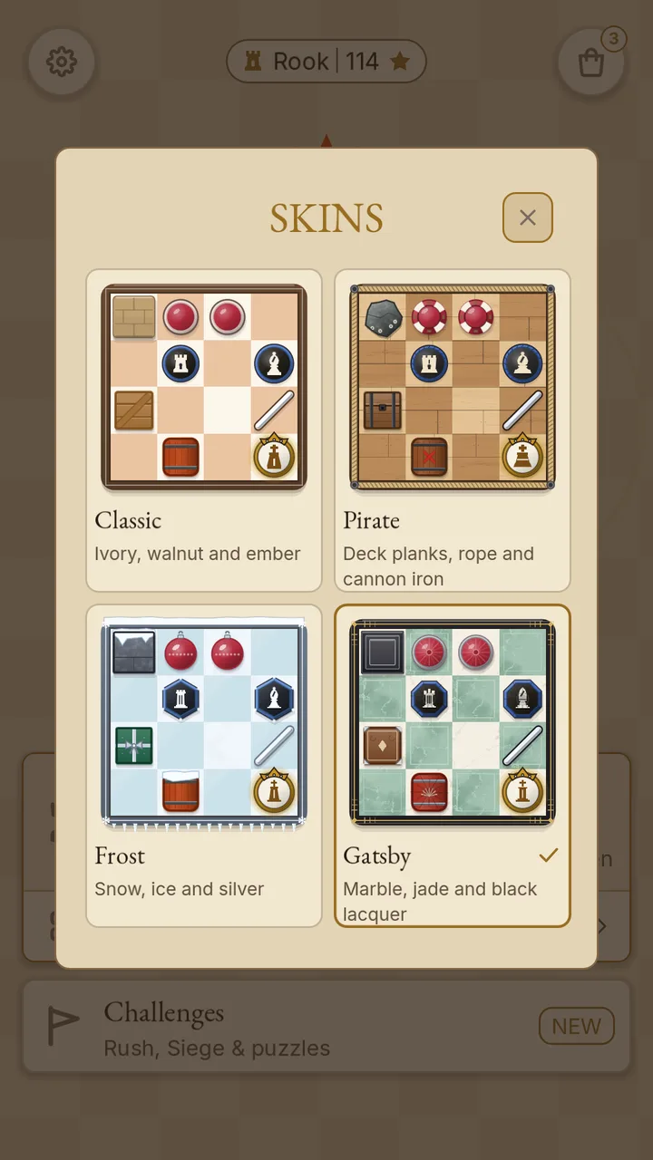 Chess Bang skin picker: Classic, Pirate, Frost and Gatsby